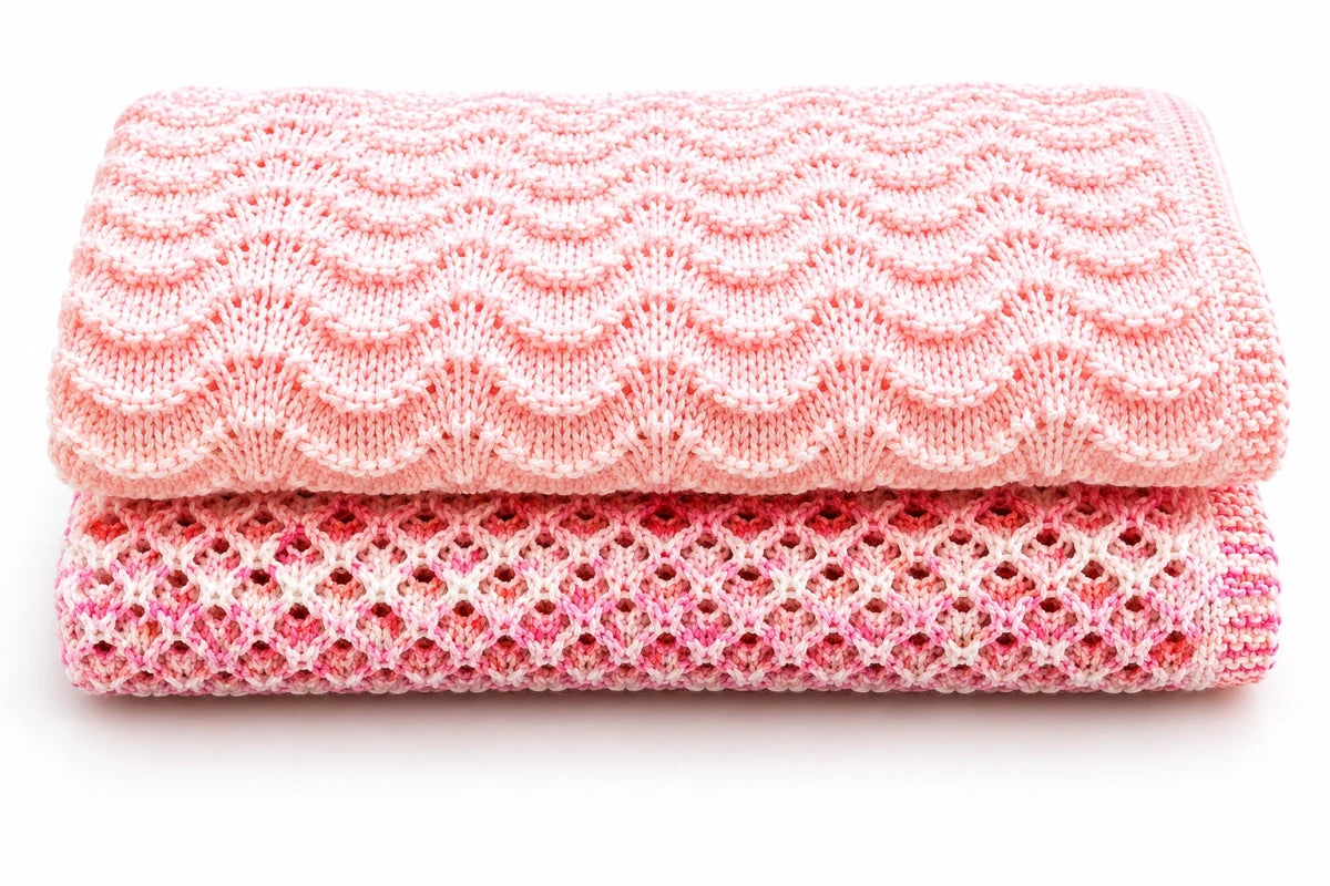Folded Wiggly Curves and Gentle Waves baby blanket knitting pattern bundle in soft pink yarns with textured lace stitch patterns on a white backgroun