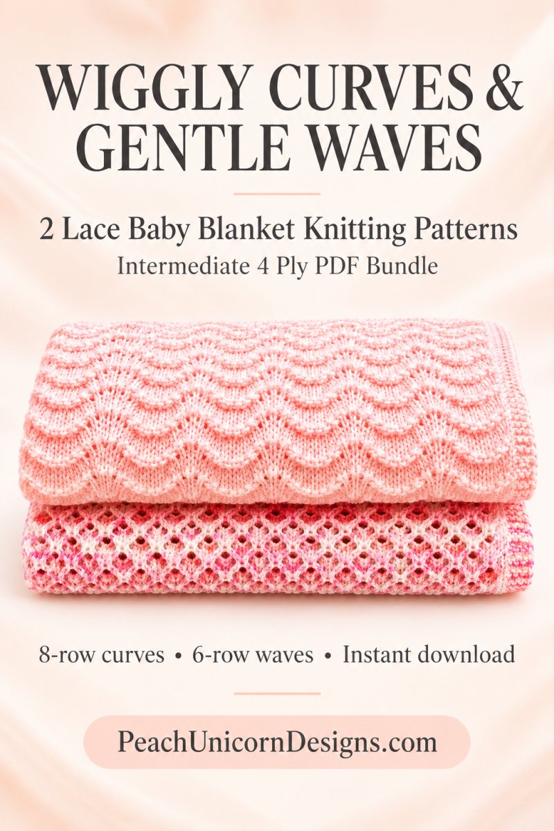 Pinterest graphic for the Wiggly Curves and Gentle Waves intermediate lace baby blanket knitting pattern bundle