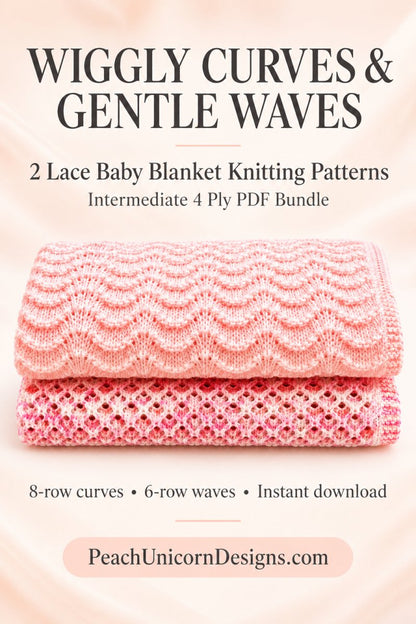 Pinterest graphic for the Wiggly Curves and Gentle Waves intermediate lace baby blanket knitting pattern bundle
