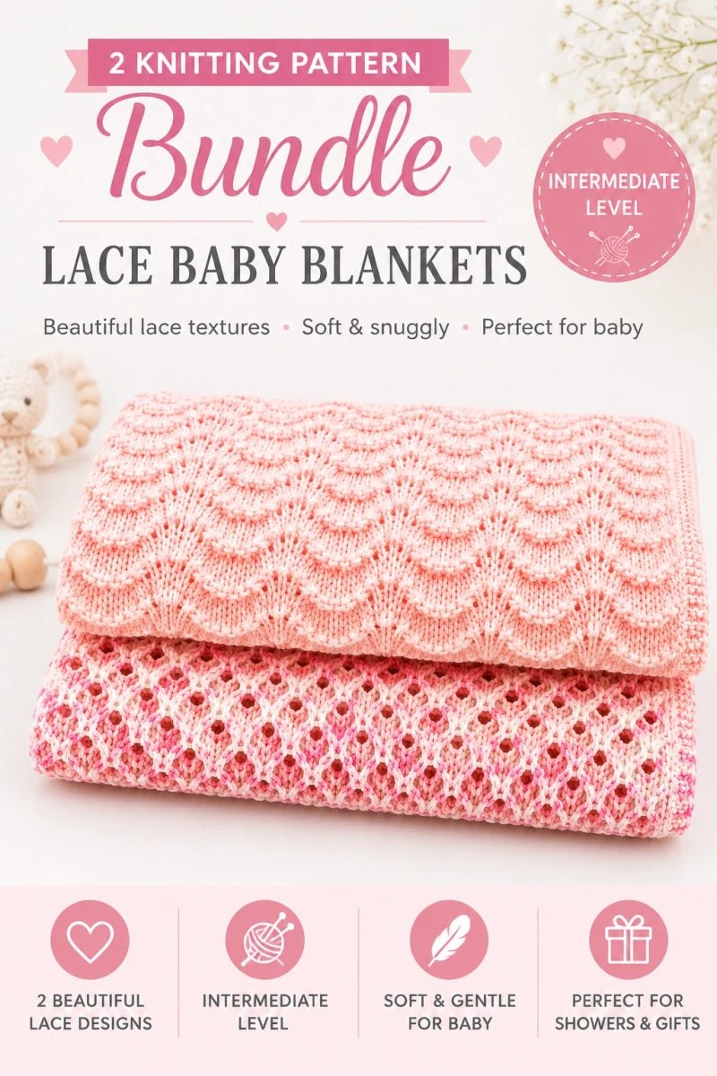 Pinterest promotional image for the Wiggly Curves and Gentle Waves baby blanket knitting pattern bundle featuring two pink lace baby blankets with textured stitch patterns, intermediate level knitting designs and soft nursery-inspired styling.