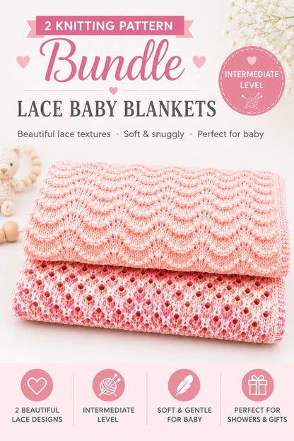 Pinterest promotional image for the Wiggly Curves and Gentle Waves baby blanket knitting pattern bundle featuring two pink lace baby blankets with textured stitch patterns, intermediate level knitting designs and soft nursery-inspired styling.