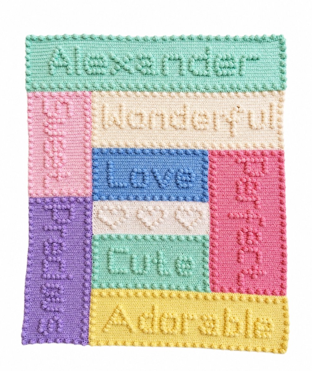 Personalised puff stitch crochet blanket with words love sweet precious and adorable