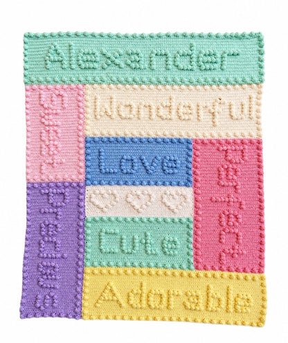 Personalised puff stitch crochet blanket with words love sweet precious and adorable