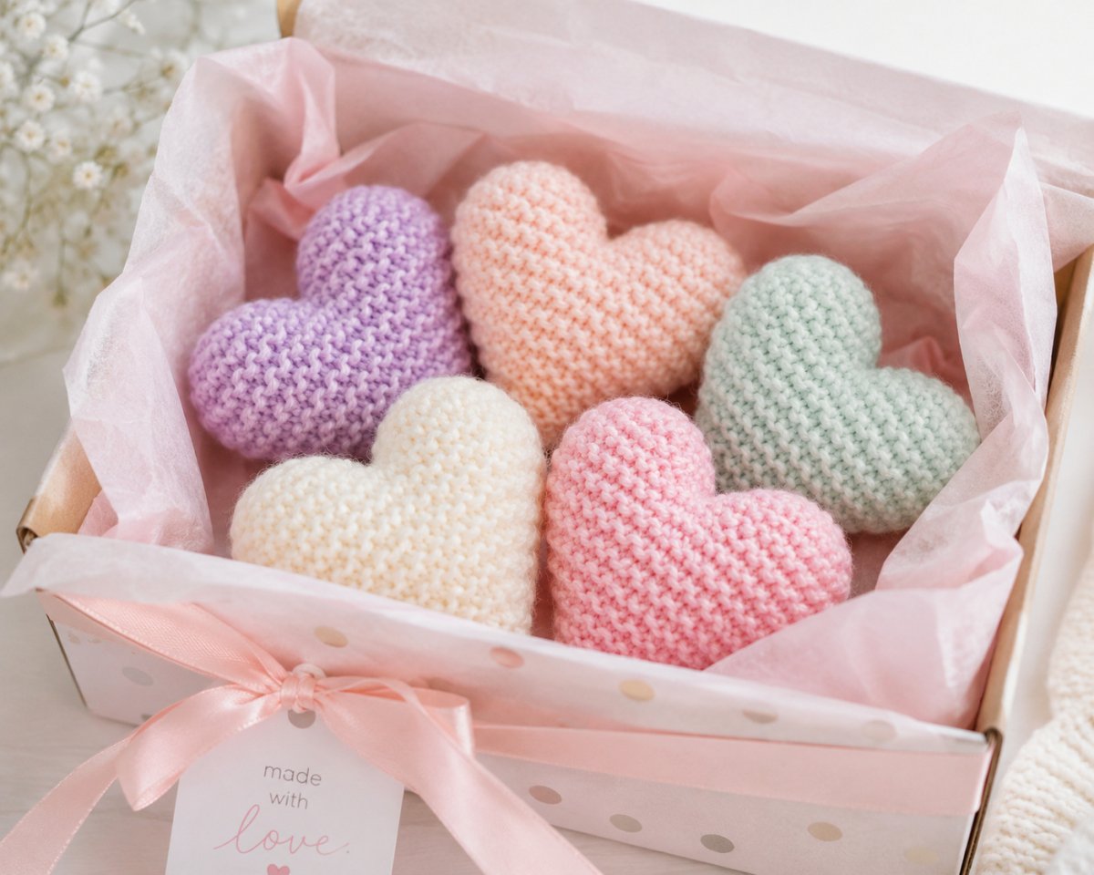 Pastel knitted hearts inside a gift box with pink tissue paper