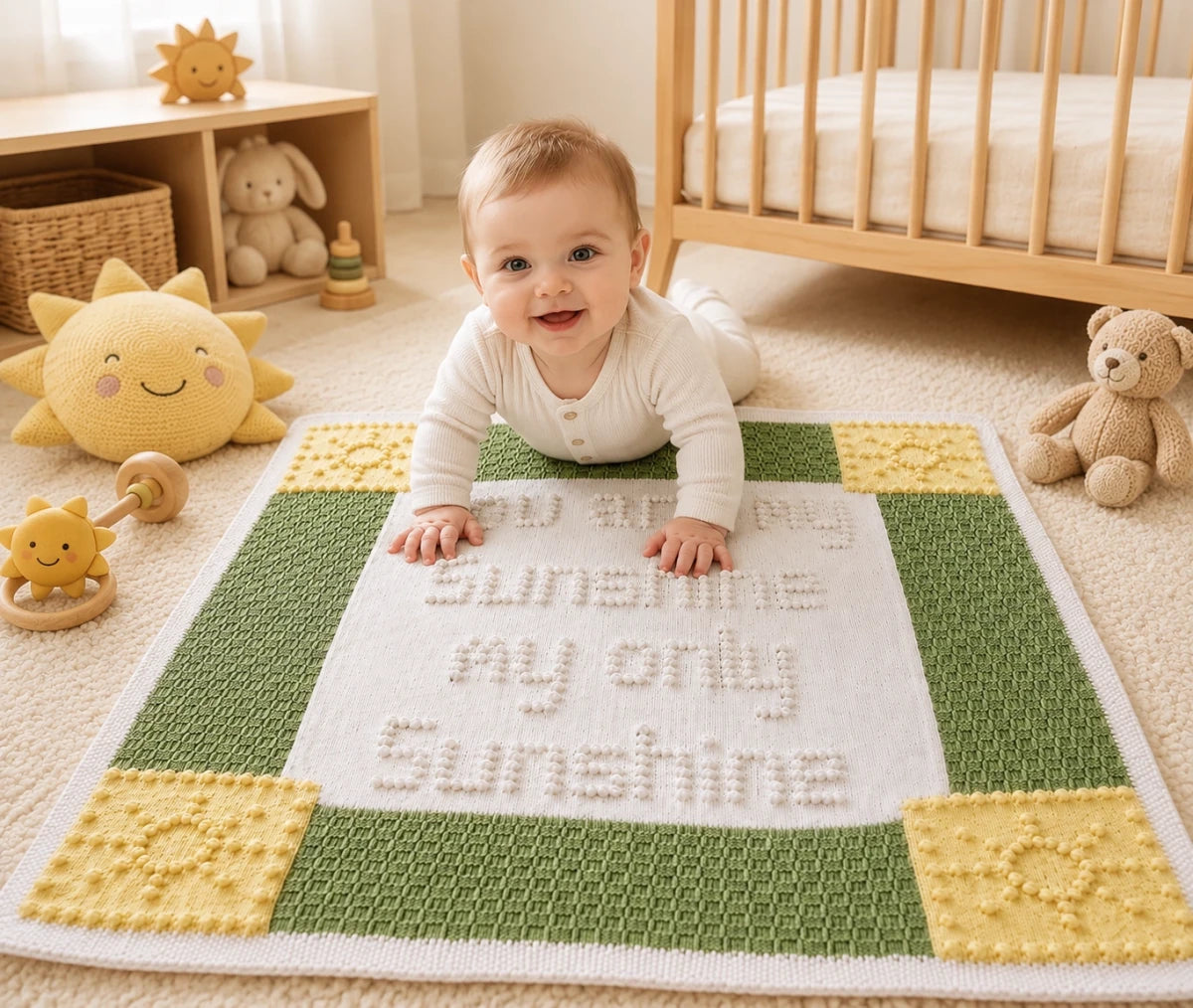 You Are My Sunshine baby blanket knitting pattern displayed in a cream nursery with a baby enjoying tummy time and sunshine-themed toys
