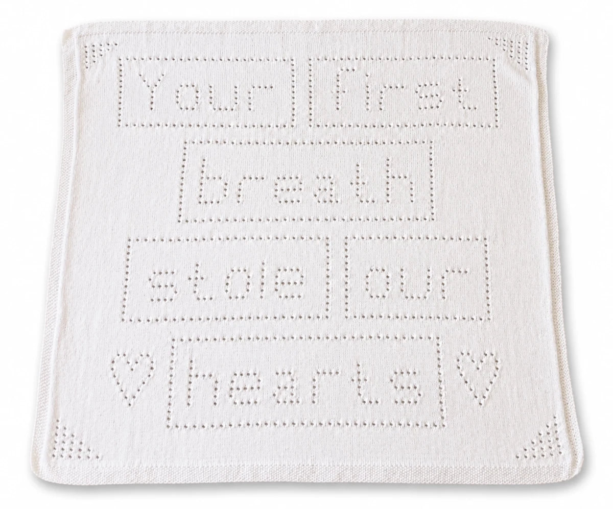 Your First Breath Stole Our Hearts baby blanket knitting pattern with eyelet lace lettering