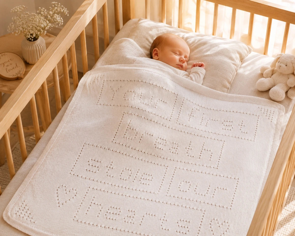 Sleeping baby covered with the Your First Breath Stole Our Hearts baby blanket knitting pattern in a wooden cot with soft morning light