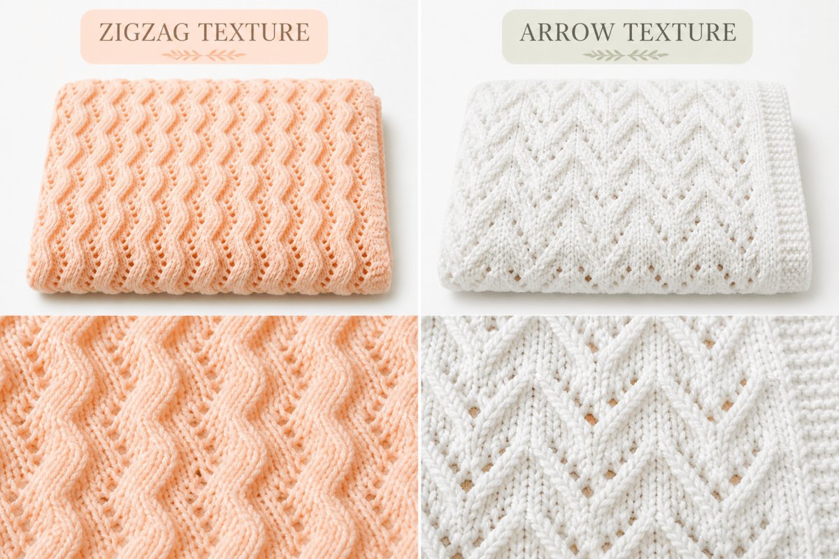 Comparison of zigzag and arrow lace texture knitting patterns for baby blankets with close ups