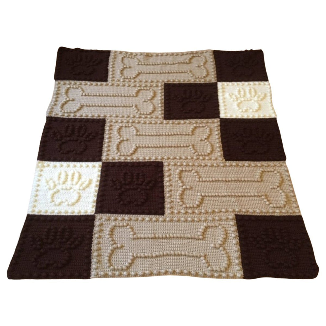 Crochet Pattern for Dog Blanket Bone Paw Print Motifs Puff Bobbles 