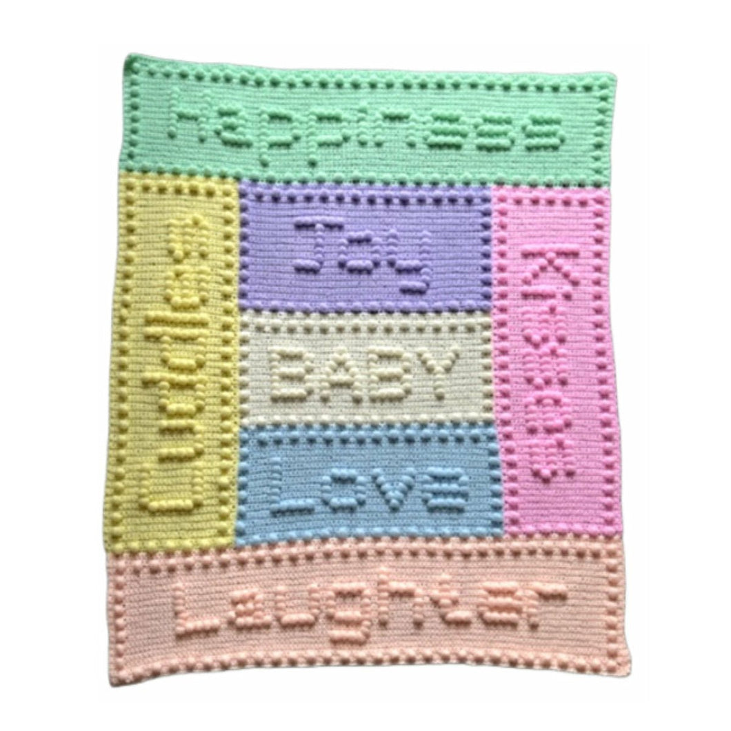 Crochet Pattern for Baby Blanket Words Joy Motifs Colourful Puff Stitches