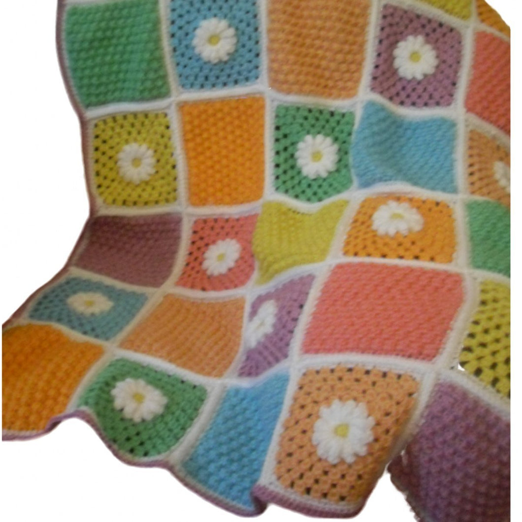 Free Crochet Pattern for Throw Blanket Popcorn Motifs Squares Granny Daisy
