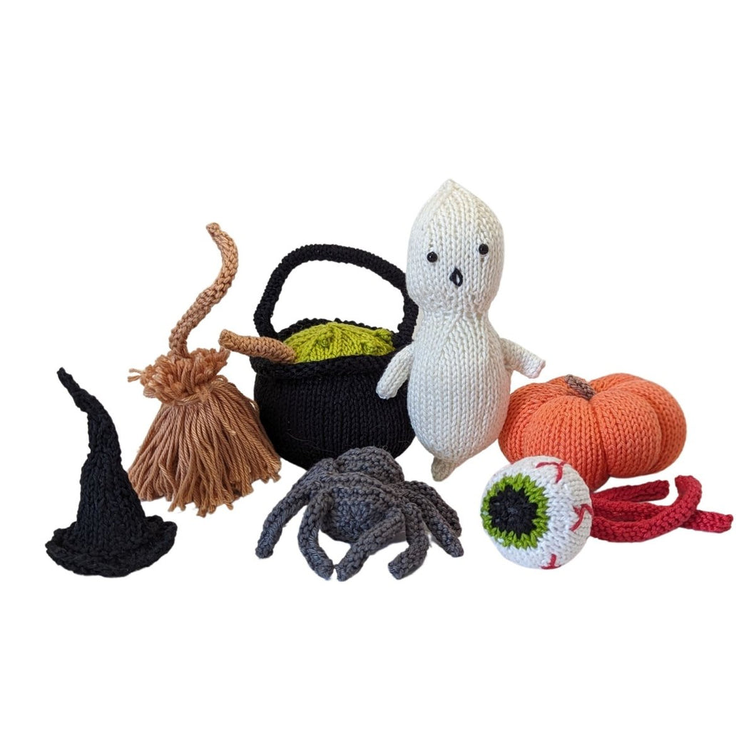KNITTING PATTERN Halloween Decorations Pumpkin | Spider | Ghost | Eyeball | Witches Hat | Cauldron and Broomstick|